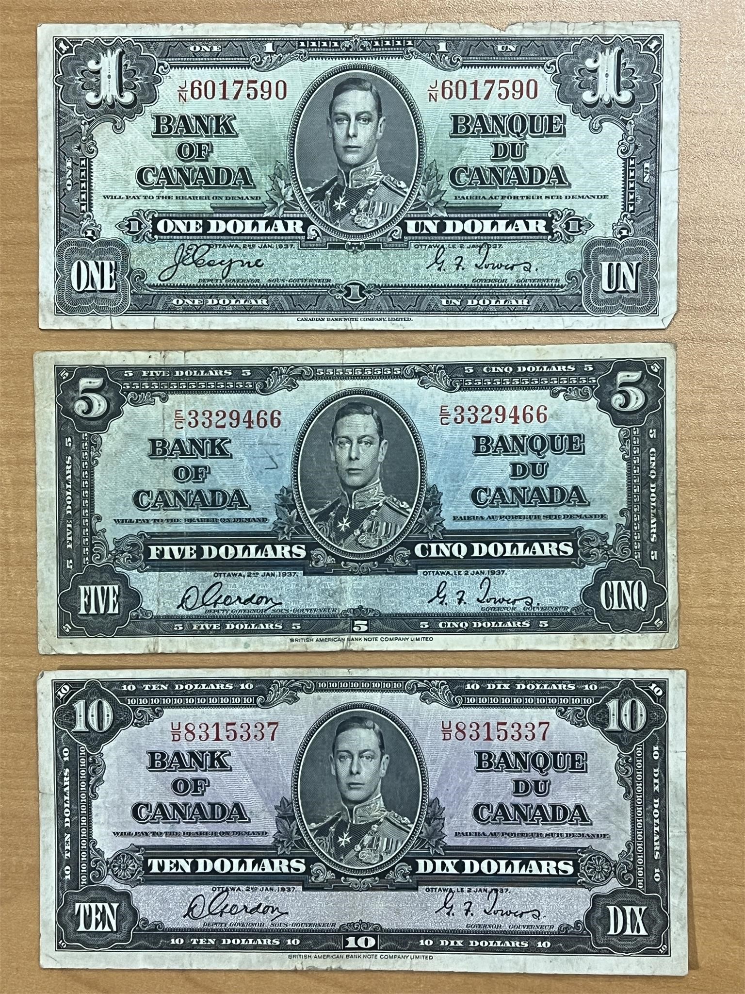 1937 Cdn $10, $5, $1 Bank Notes (3)