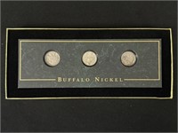 3 Buffalo Nickels in Display Case 1935, 1936, 1936