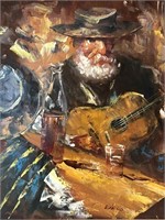 E Vallo Original Oil On Canvas Cantina Guitarist