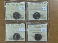 4- 1962 Cdn $.05 PL-66 ICCS Certified Coins