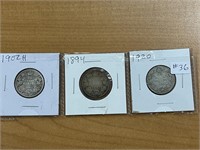 3- Cdn $.25 Cents Coins (1894, 1902H, 1920)