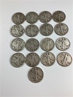 17 Walking Liberty Silver Half Dollars,1940’s