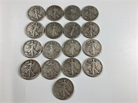 17 Walking Liberty Silver Half Dollars,1940’s