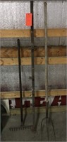 3 tine pitchfork, rake & barn door rail