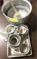 Aluminum funnels, measuring cups, ice tray, pot &