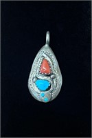 Zuni Sterling Turquoise & Coral Snake Pendant