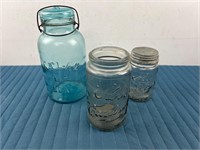 ATLAS & KERR MASON JARS ANTIQUE W/ BLUE GLASS