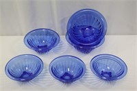 6 Hazel Atlas Cobalt Paneled Glass Nesting Bowls