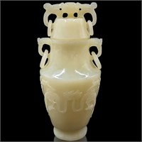 Chinese Finely Carved Jade Vase With Lid, 3lbs
