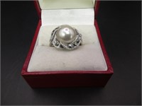 Sterling Silver Pearl & Marcasite Ring Size 6.5