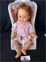 1973 Ideal Baby Chrissy doll in. 1970s infant seat