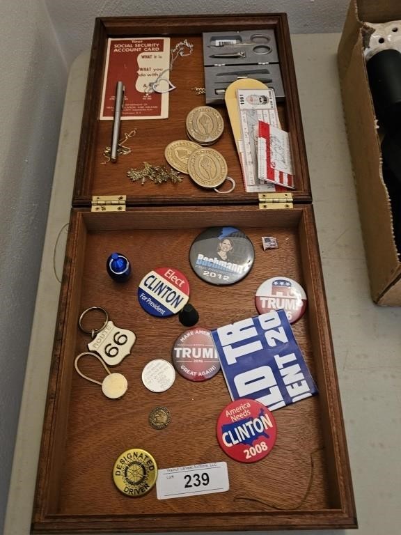 WOODEN BOX W/REDS SIGNED TICKETS, TRUMP BUTTONS