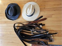 SEVERAL BELTS AND HATS OF DIFFERENT SIZES