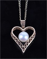 10K GOLD PEARL HEART PENDANT FIGARO LINK NECKLACE
