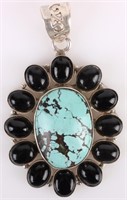 SOUTHWEST STERLING ONYX & TURQUOISE FLORAL PENDANT