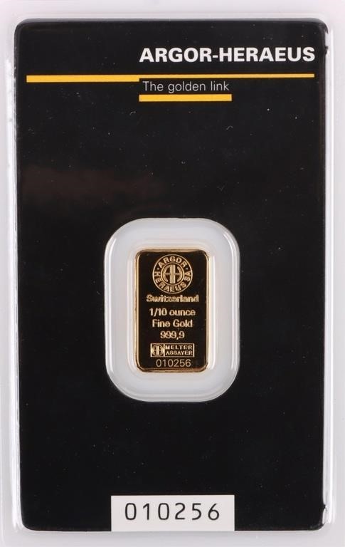 .999 FINE GOLD ARGOR-HERAEUS 1/10OZ BAR