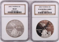 2005 P MARINES NGC GRADED SILVER COINS 90% SILVER