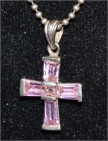 Sterling Mauve Purple Rhinestone Cross & Chain