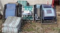 Assortment Lawn Chairs, Cushions, Table