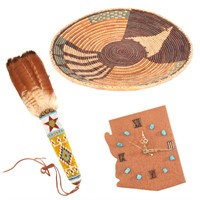 NATIVE AMERICAN BASKET BEADED FEATHER RATTLE CLOCK