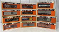 12 Lionel boxcars, gondola, reefer, flatcar