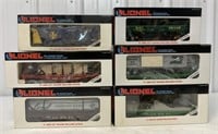 6 Lionel Trains Caboose, flatcar, tankcar, radarca