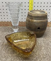 Leaded crystal vase, pottery keg, candy dish