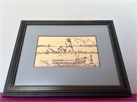 Framed Drawing on Napkin Signed Taylor 1988