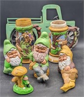 (JL) Plaster Gnomes (tallest is 10") and steins