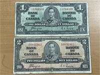 1937 Cdn $2 and $1 Bank Notes