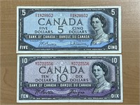 1954 Cdn $10 and $5 Bank Notes