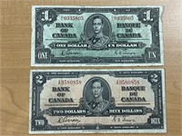 1937 Cdn $2 and $1 Bank Notes