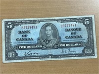 1937 Cdn $5 Bank Note
