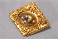 Victorian 14ct, Ruby and Seed Pearl Brooch,