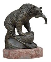 Bear Bronze Sculpture Figurine Marble Base Signed