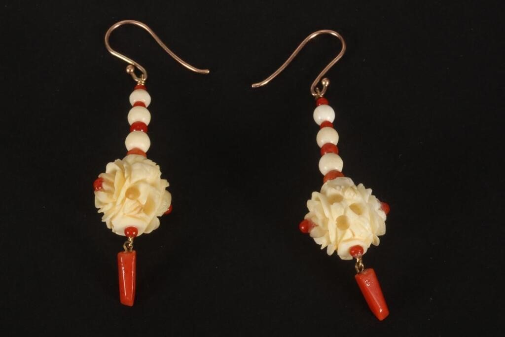 Pair of Ivory and Coral Earrings,