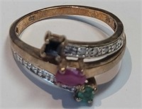 A Diamond, ruby, blue sapphire ring in 10k YL gold