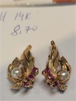 A pair of cultured pearl/ruby earrings 14k YL gold