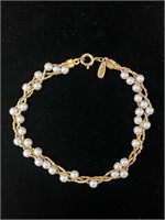 Napier Braided Faux Pearl & Gold Bracelet 7-7 1/2