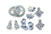 Lot Vintage Blue Rhinestone Brooch & Earring Sets