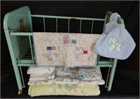 Vintage Baby Doll Metal Crib & Blankets