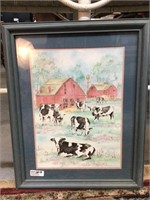 Framed Water Color of Barns & Cows by Ava Freeman
