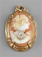 Vintage 14K shell cameo pendant with diamond chip