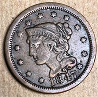 1847 US one cent Coronet braided Hair VF+