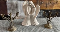 11 - PAIR OF CANDLE HOLDERS & ANGELS FIGURINE