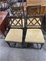4 UPHOLSTERED SEAT DINING CHAIRS & GLASS TOP