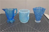 (3) pcs Blue Glass Pitchers / Vases