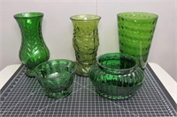 (5) Dark Green Glass Vases - some chips