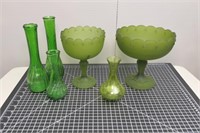 (6) Pcs Green Bowls & Vases