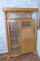 Antique Oak Curved Glass Front Secretary Desk